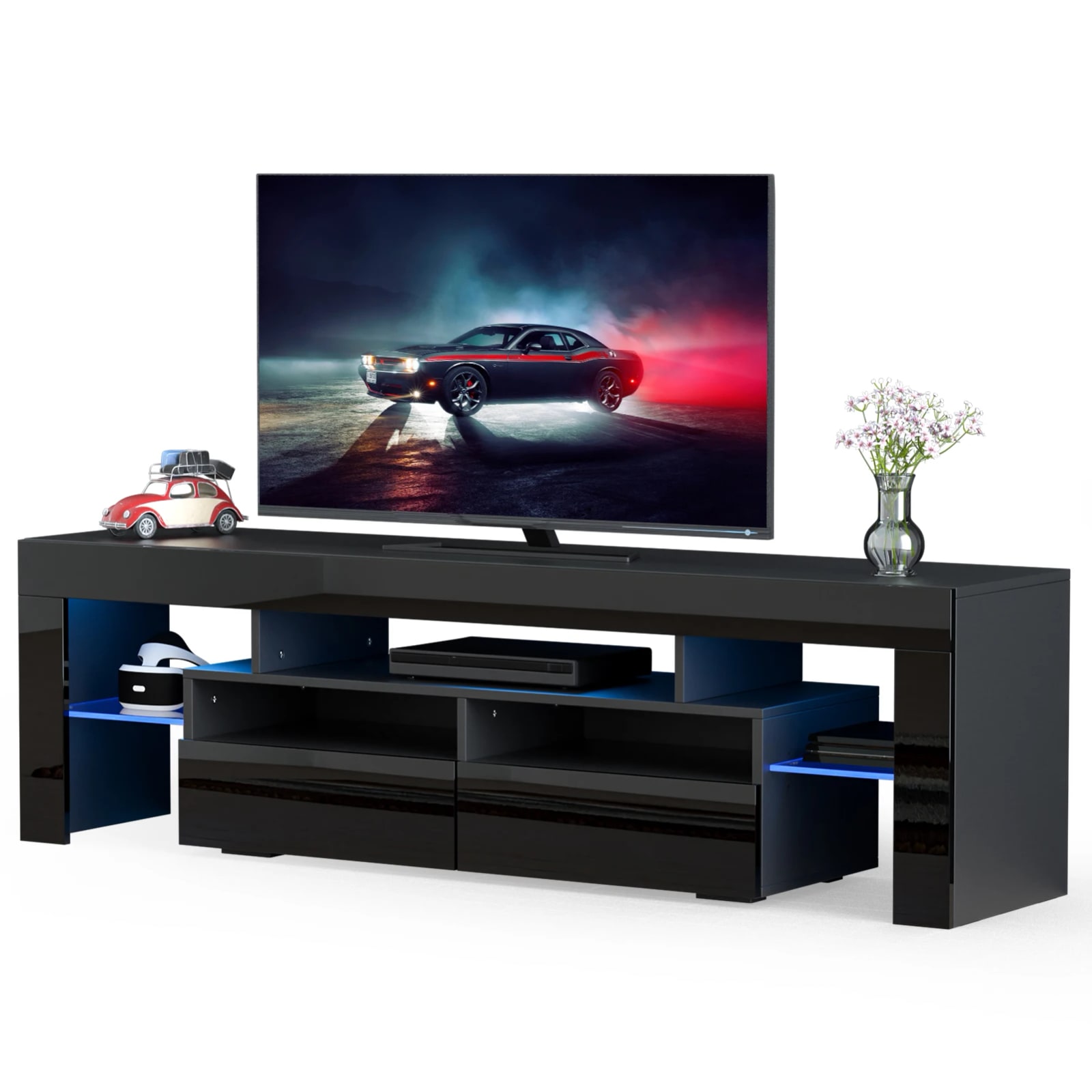 71in LED TV Stand High Gloss Wooden TV Cabinet With RGB Lights Drawers