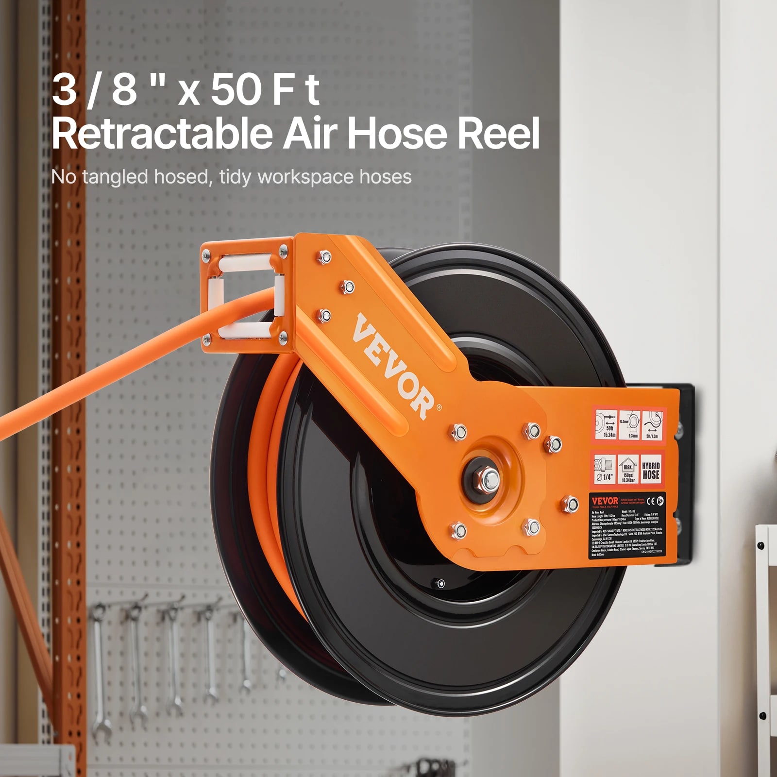 Retractable Air Hose Reel 50 ft 3/8 in Rubber Auto Rewind Wall Ceiling Mount - Produktbild 2