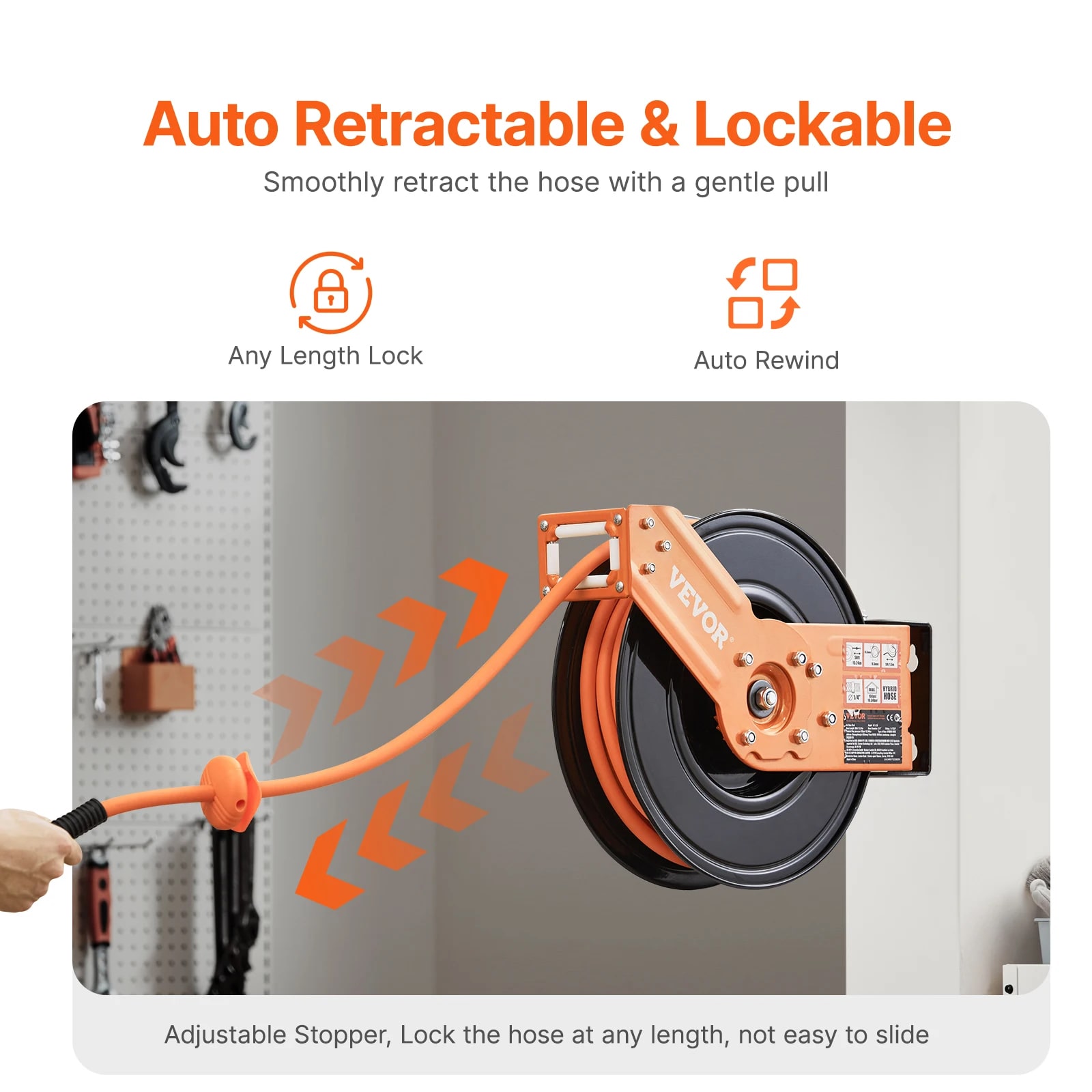 Retractable Air Hose Reel 50 ft 3/8 in Rubber Auto Rewind Wall Ceiling Mount - Produktbild 3