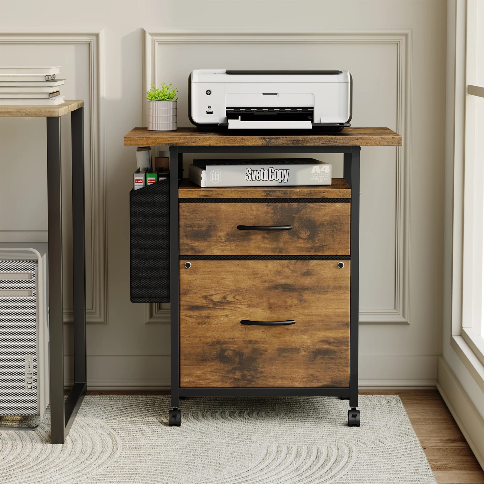 Mobile File Cabinet 24in Printer Stand with 2 Fabric Drawers Rolling