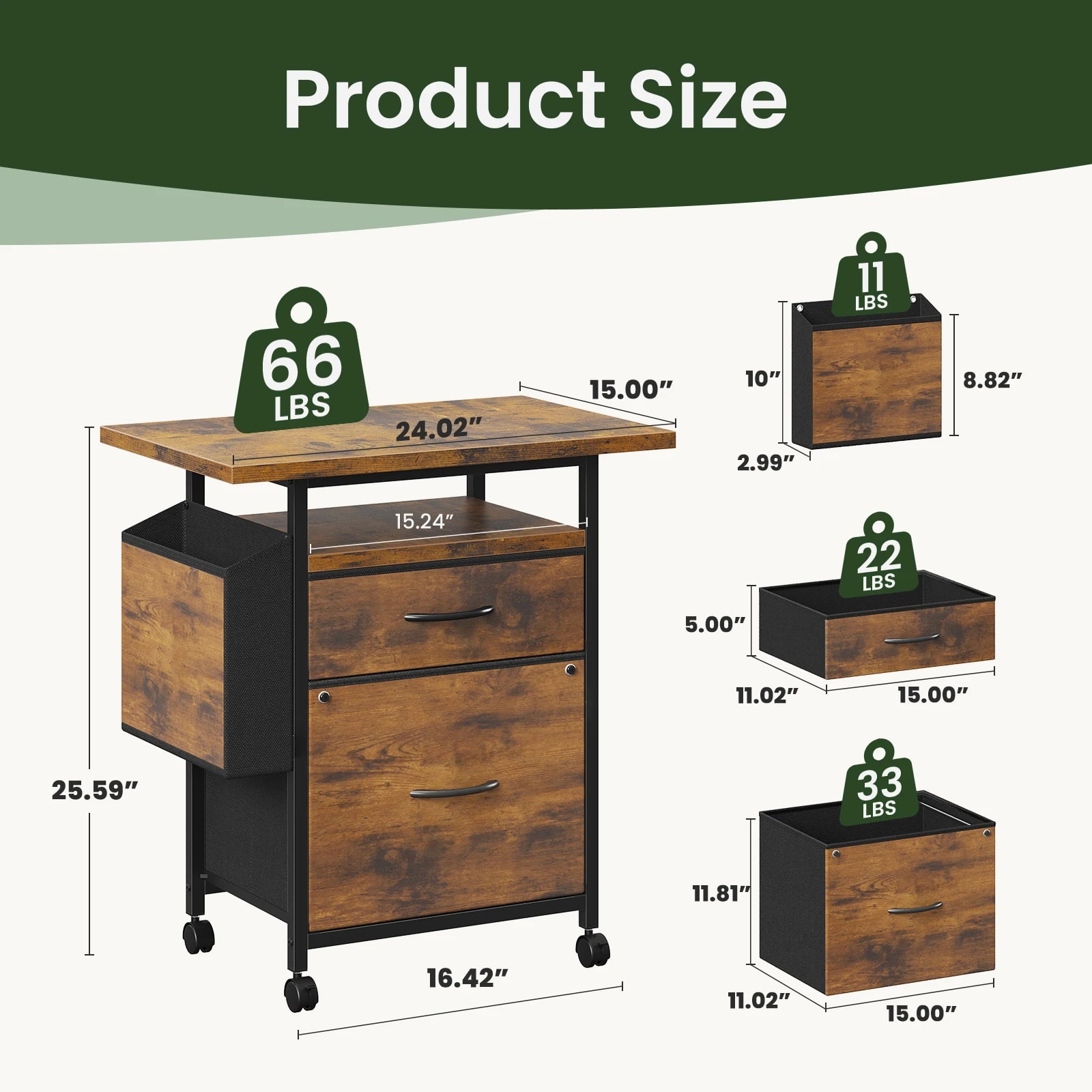 Mobile File Cabinet 24in Printer Stand with 2 Fabric Drawers Rolling