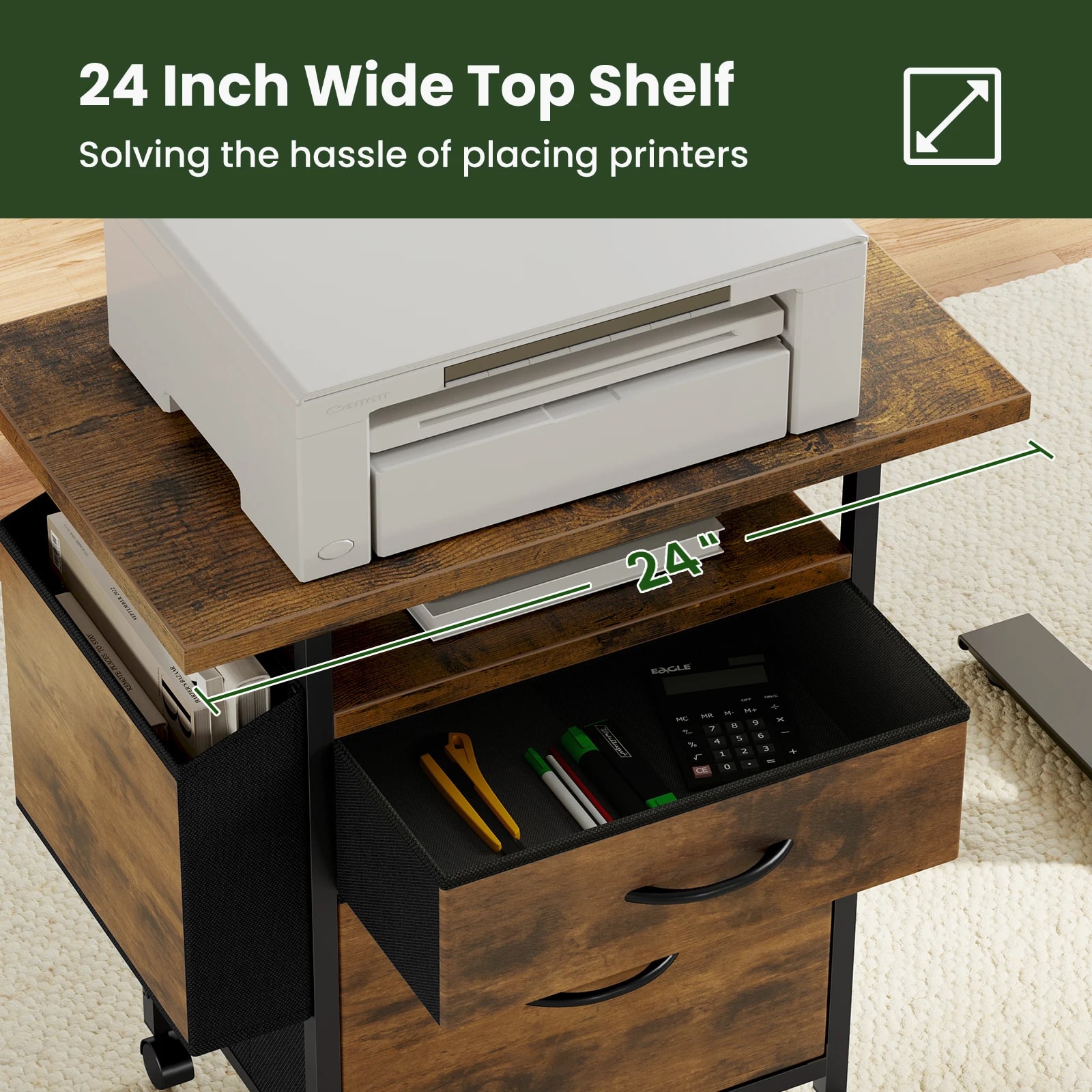 Mobile File Cabinet 24in Printer Stand with 2 Fabric Drawers Rolling