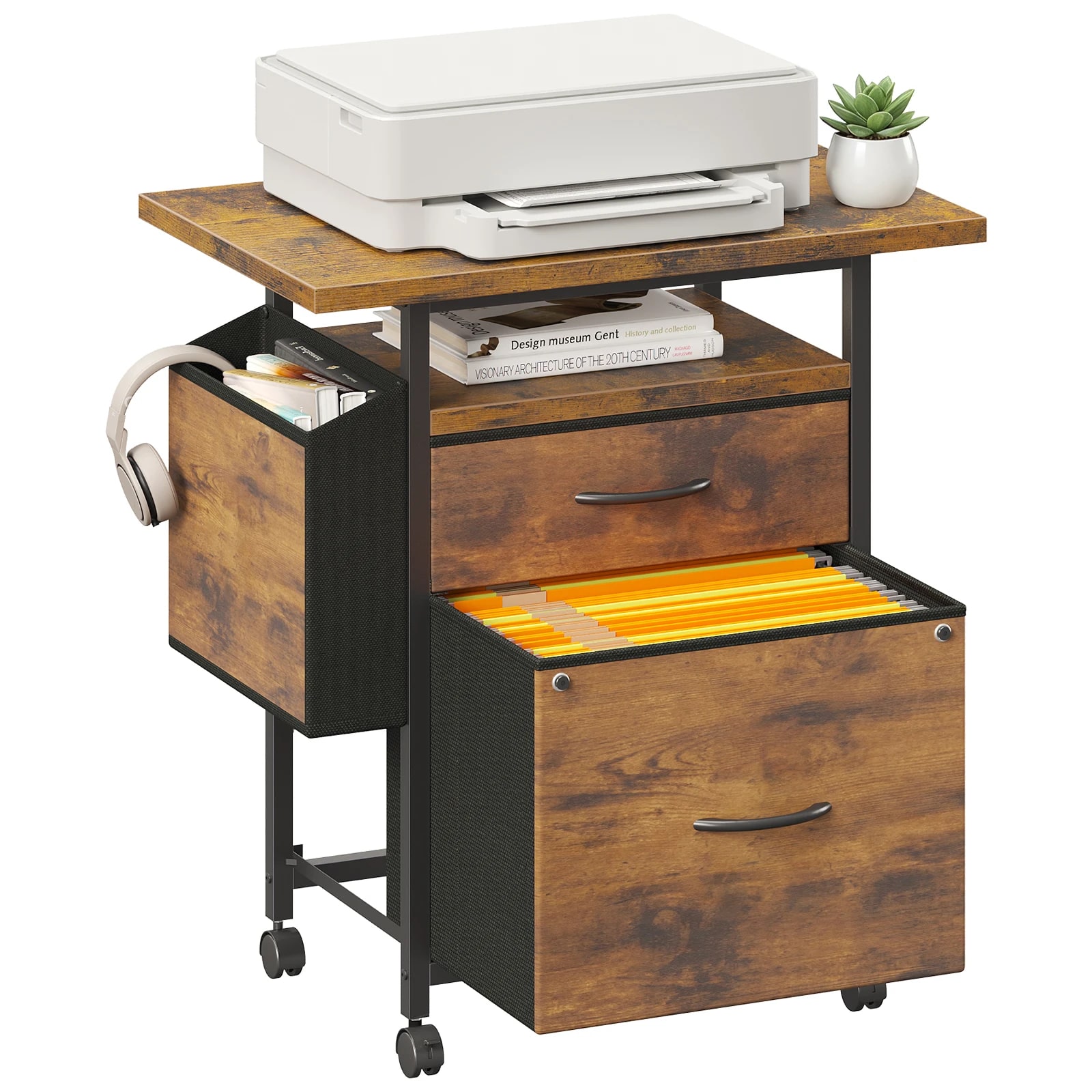 Mobile File Cabinet 24in Printer Stand with 2 Fabric Drawers Rolling