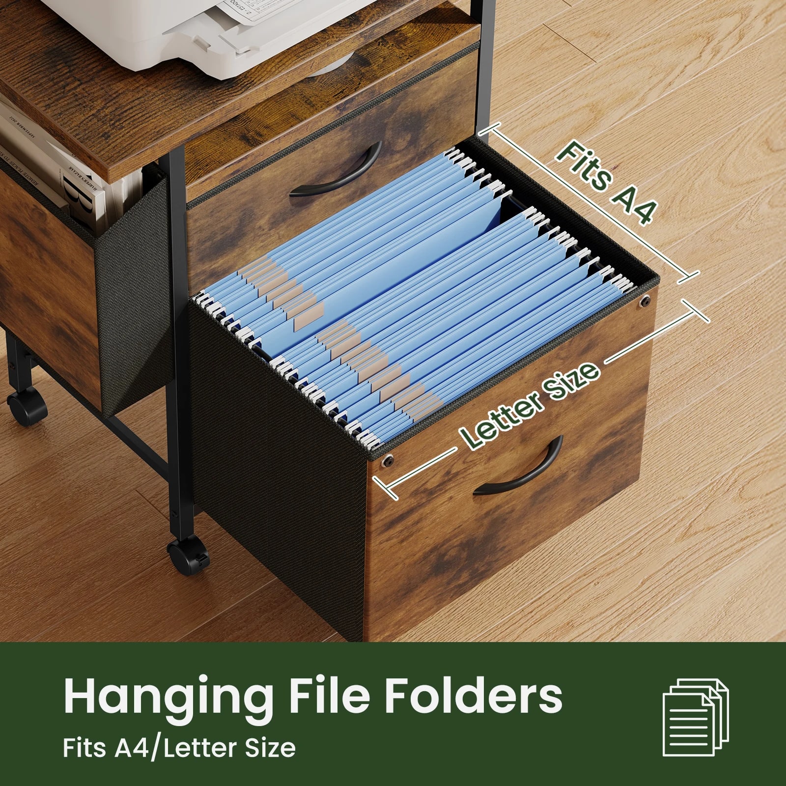 Mobile File Cabinet 24in Printer Stand with 2 Fabric Drawers Rolling