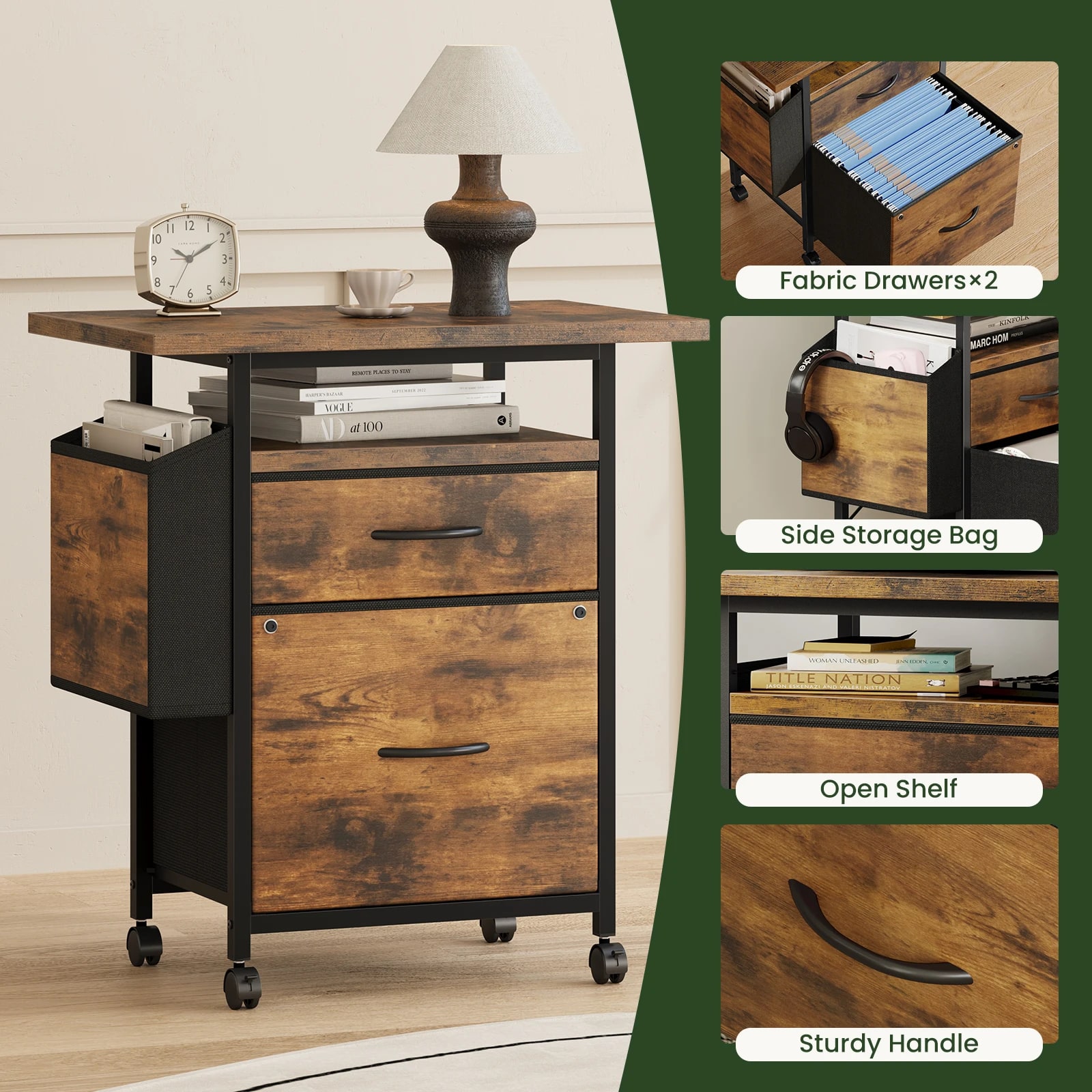 Mobile File Cabinet 24in Printer Stand with 2 Fabric Drawers Rolling