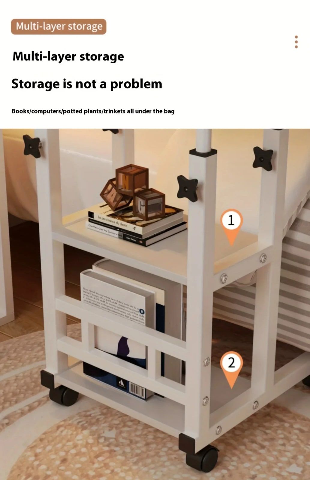 Adjustable Mobile Bedside Table with Multi Layer Storage and Casters